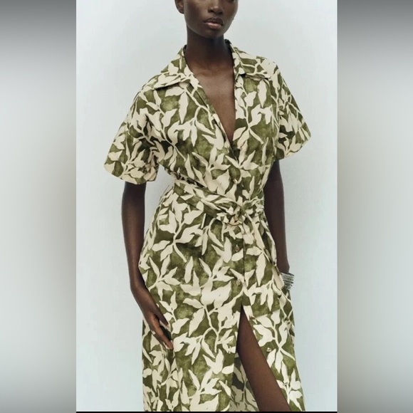 ZARA Shirt Dress Womens XL Green Cream Leaf Print Button Front Belted Midi - Picture 3 of 16